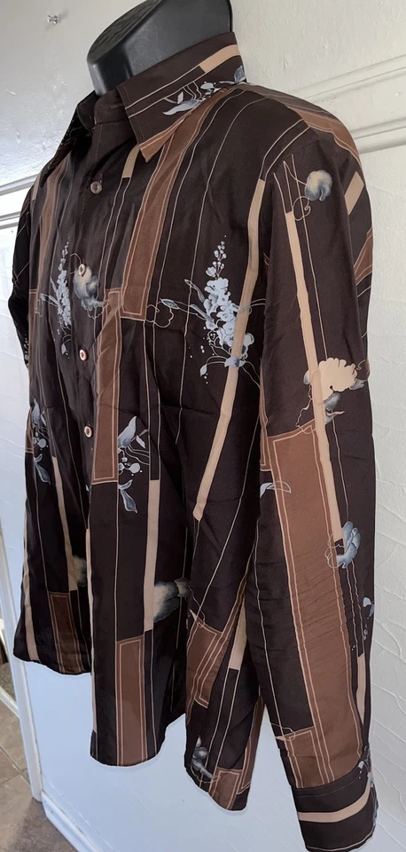 "Camisa geográfica floral marrón chemise et cie de colección años 70 cuello de daga discoteca M/L 44"" pecho" Foto 3 de 4
