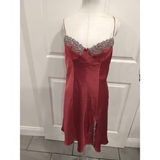 Victorias Secret Red Satin Lace Trim Slip Dress Nightgown Lingerie