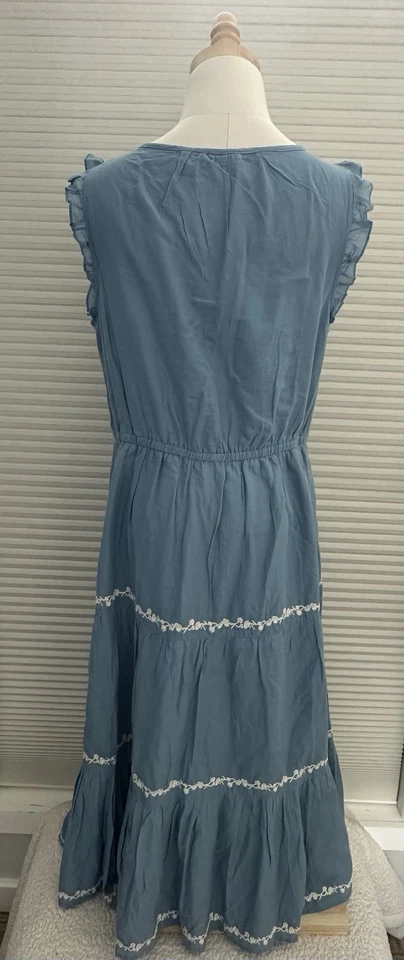 Lucky Brand Women Blue Midi Floral Embroidered Tiered Ruffle Peasant Dress Large - Image 3 of 4