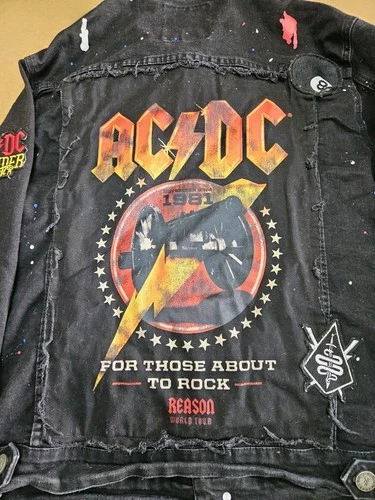 AC/DC x Reason 1981 World Tour Black Distressed Denim Graphic Jacket MEDIUM  image 7