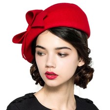 Vintage Bowknot Wool Felt French Beret with Veil Fascinator Pillbox Hats Cock...