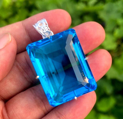 98 Ct Certified Natural Blue Topaz Emerald Cut 925 Solid Silver Pendant Gemstone