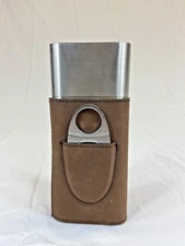 Cigar Case With Cutter Stainless Steel With Brown Leather
