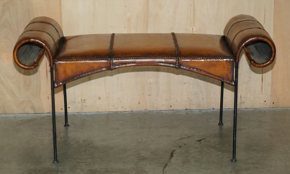 STUNNING FULLY RESTORED VINTAGE HAND LEATHER STITCHED SPANISH IRON WINDOW BENCH - Image 3 of 4