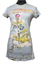 Ed Hardy Blue and Gold Flake "Tattoo You " Graphic T-shirt, Women's Size Small
