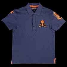 Philipp Plein Polo Shirt Mens XL US Blue Skull Patch Play To Win Logo 78 Sleeve