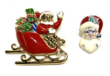 AVON Christmas Enamel Santa Face Pin  Santa in Sleigh Brooch Earrings Lot