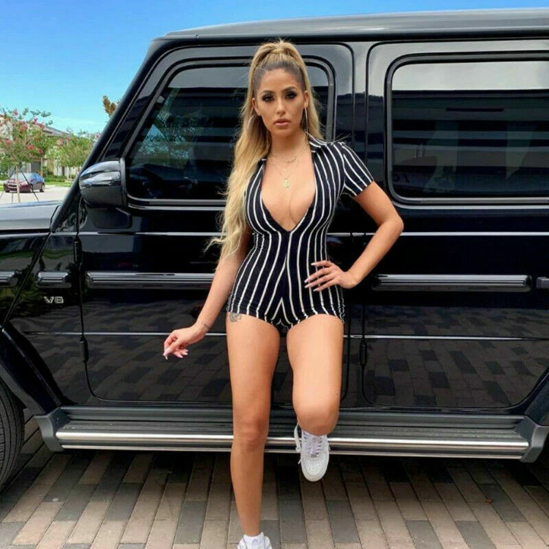 Damen Tiefer Overall Kurzärmelig Gestreift Sommer Clubwear Overall - Bild 3 von 4