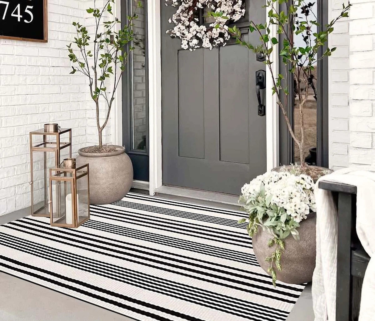 Black And White Striped Outdoor Rug Front Porch Rug Front Door Mat