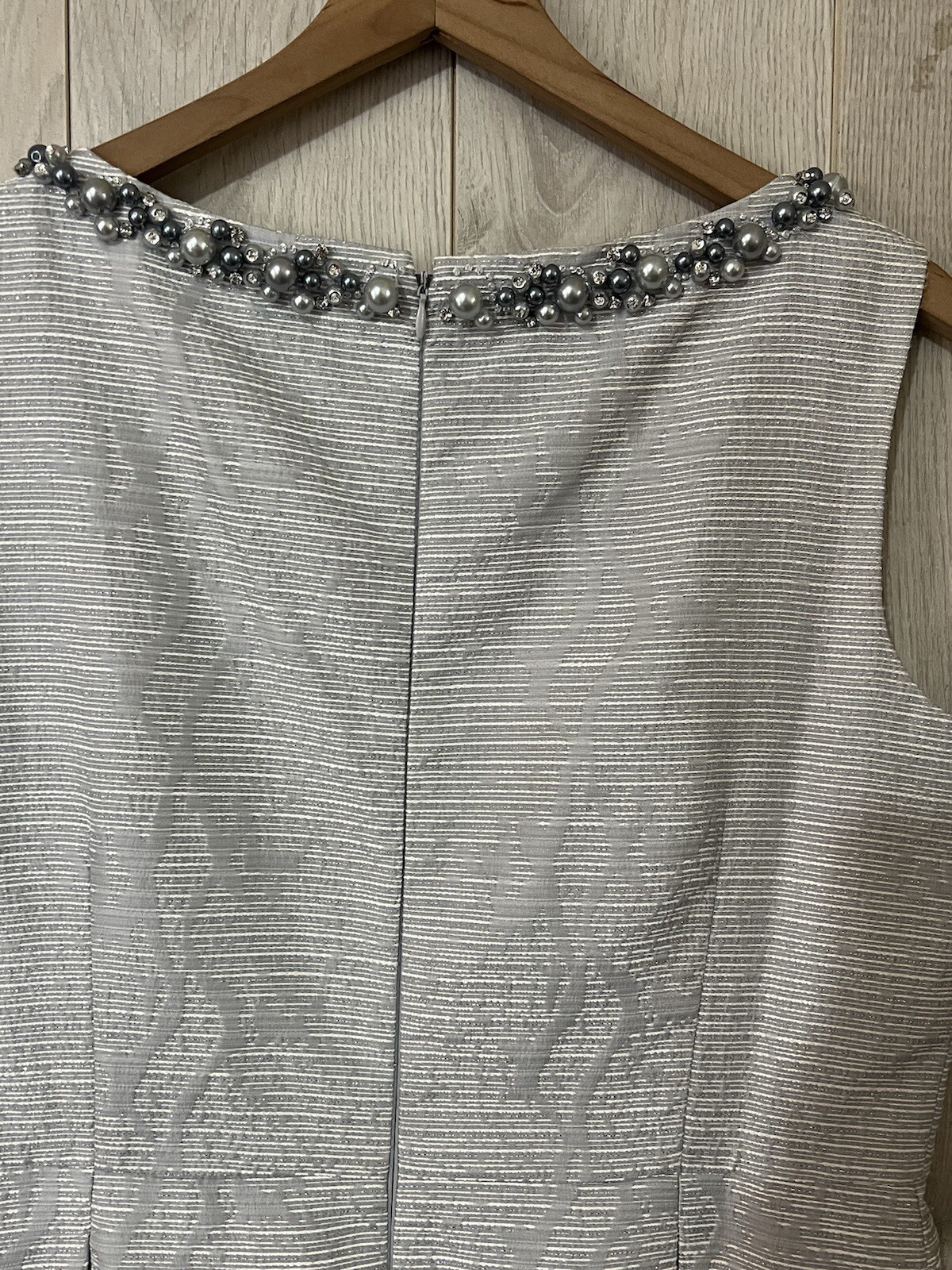 Tahari Light Gray Metallic Sleeveless Pearl Beaded Neck Fit & Flare Dress Sz 12