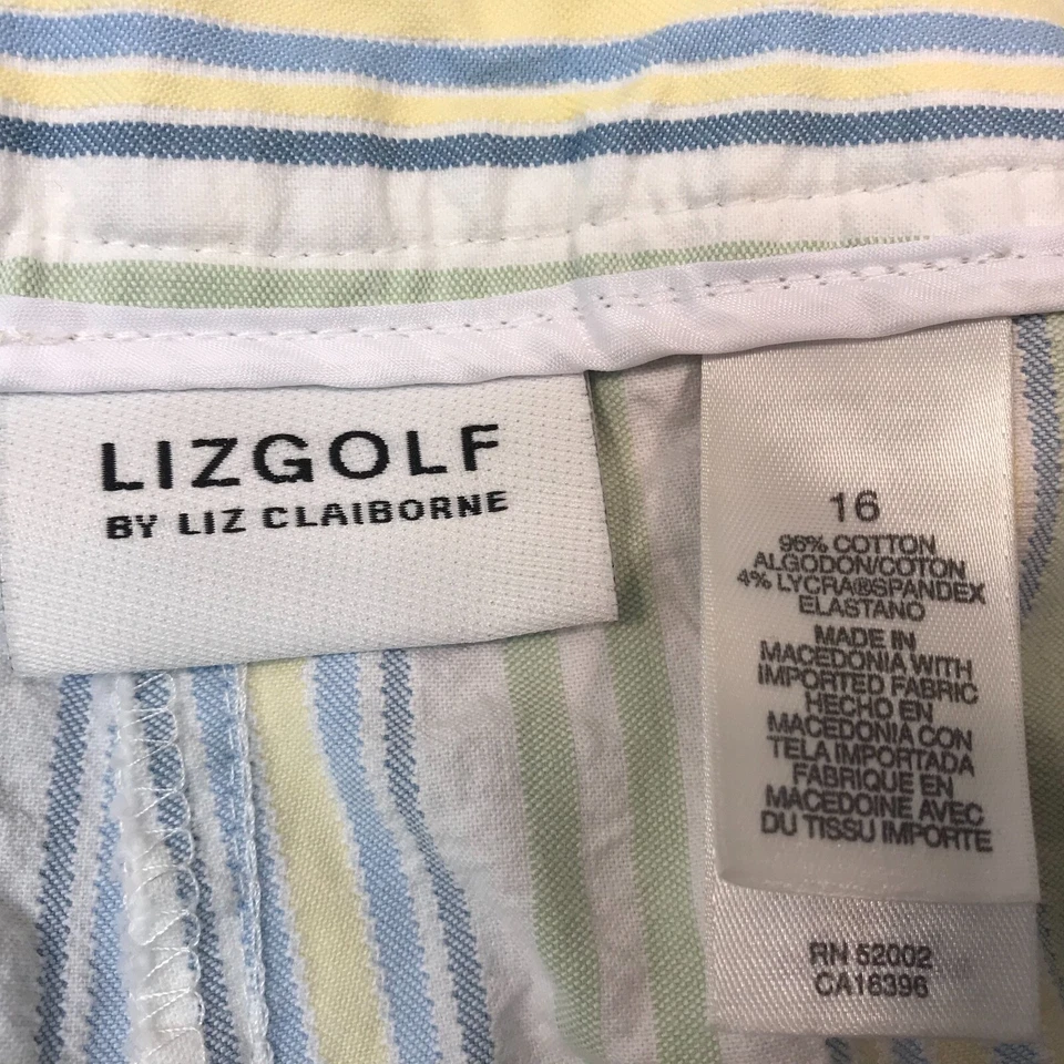 Pantalones cortos para caminar de golf 16 LIZGOLF para mujer azul amarillo verde blanco a rayas elásticos Foto 3 de 3