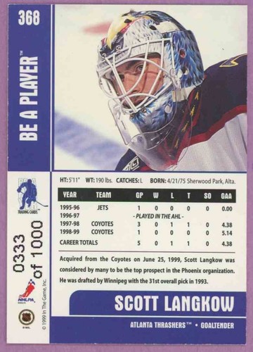 1999 99-00 BE A PLAYER SILVER TRASHERS SCOTT LANGKOW #368 #'d 0333/1000 ROOKIE - Picture 2 of 2