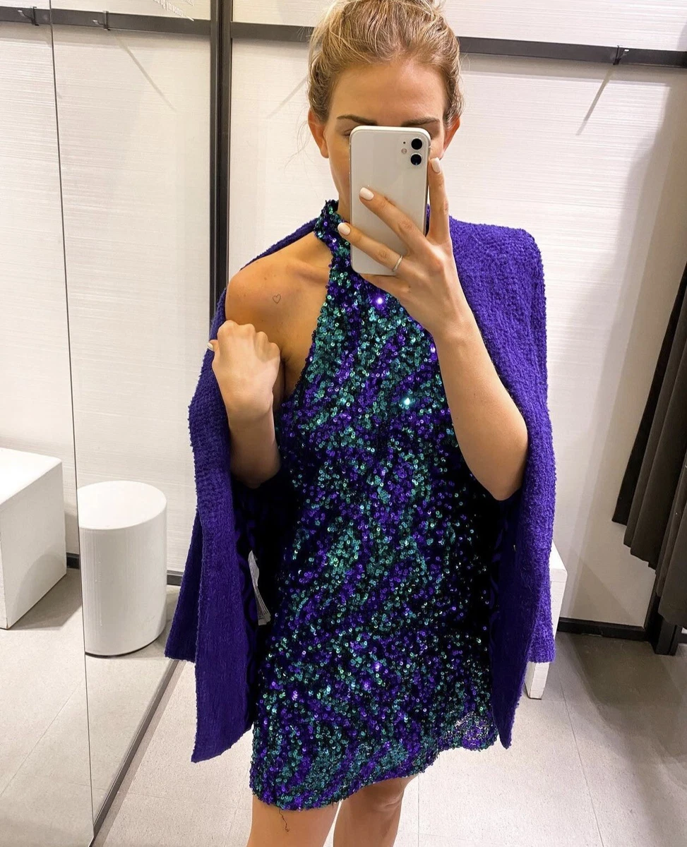 Zara Woman Green Blue Sequin Halter Mini Dress Size XS New With