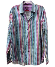Luchiano Visconti Mens L Colorful Striped Button Down Shirt 100% Cotton