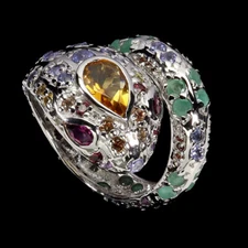 925 Sterling Silver Ring Pear Citrine Emerald Gemstone Jewelry Cobra Size 7.5