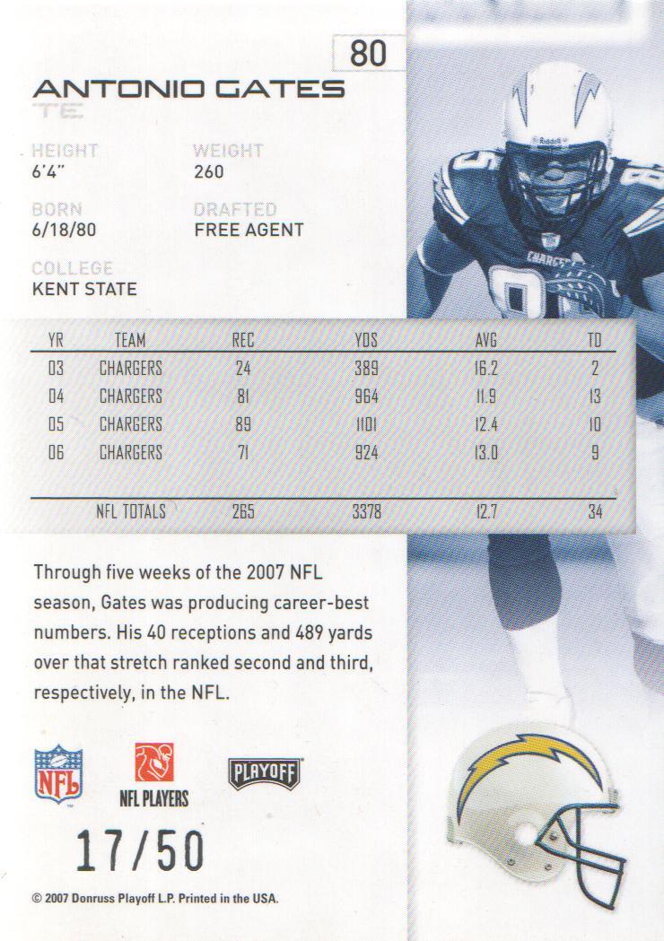 2007 Playoff NFL Playoffs Football Silver Proof #80 Antonio Gates 17/50 - Picture 2 of 2