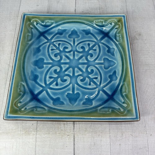 Roscher LORELEI BLUE Aqua Green Scrolls Crackle Design Square Dinner Plate Set 2 - Picture 4 of 14