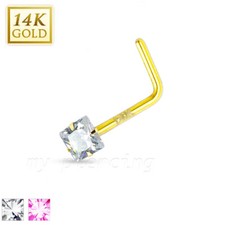 14 Karat Solid Gold 2mm Square CZ Prong Set L-Bend Nose Stud Ring 20G