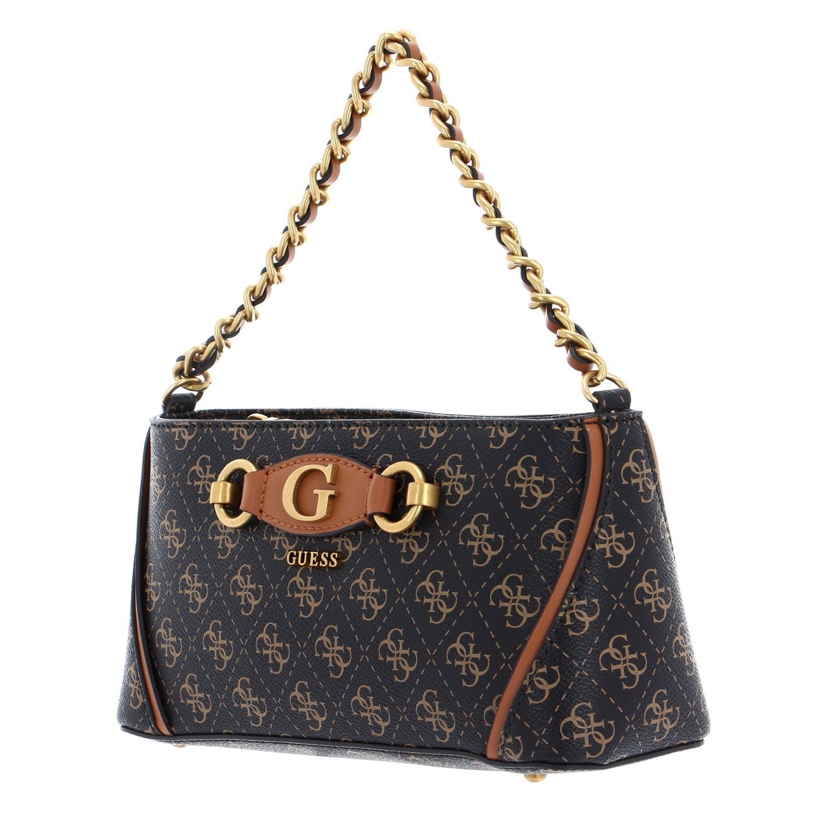 GUESS Izzy Crossbody Top Zip Handbag Brown Logo Cognac Dark Brown New