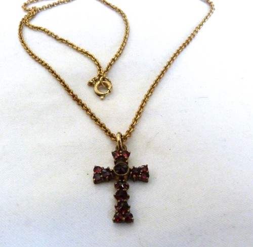 VINTAGE 12K GOLD FILLED 1 CTTW GARNET GEMSTONE CROSS CHAIN NECKLACE GIFT BOX - Picture 4 of 11