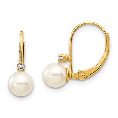 Ohrringe 14 Karat Gelbgold 5-6 mm runde FW-Zuchtperlen AA Diamant Leverback
