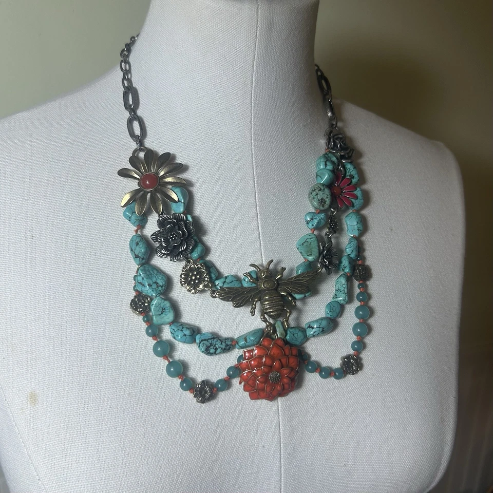 Collar Marca Lucky Turquesa Abeja Niveles Grueso Latón Flor Esmalte Boho Y2K Foto 2 de 4