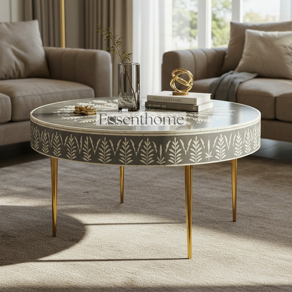 Essenthome Handmade Gray Round Bone Inlay Coffee Table with Floral Gold Design