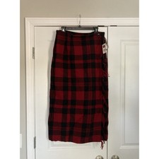 Vintage Woolrich Red Buffalo Plaid Wool Blanket Wrap Maxi Skirt Fringe Size 12