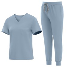 Stretch Medical Scrubs Set Nurse Uniform V-Neck Top  Joggers Pants Workware