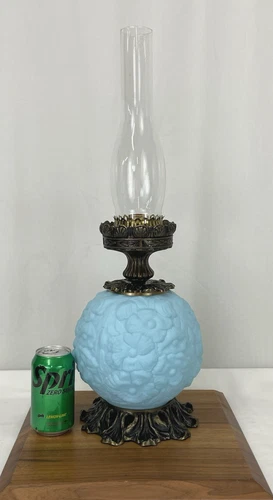 Vtg Fenton Art Glass Lamp Blue Satin Poppy Puffy GWTW Parlor Boudoir Table Desk