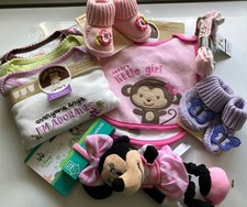 Lot Baby Bodysuits, Minnie Stroller toy, socks and booties, Bibs all NWT 