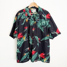 Vtg 80s Paradise Found Bird of Paradise Floral Hawaiian Aloha Shirt Black 2XL