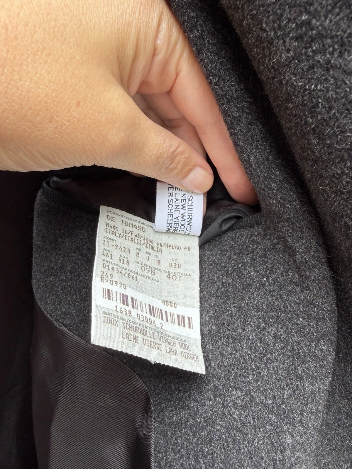 Vintage Hugo Boss Men's Gray Long Wool Overcoat Size 40L Lined Pockets Notch - product detail image 6