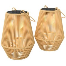 Outsunny Rattan Hanging Solar Lights Outdoor Garden Lantern Set of 2, Brown