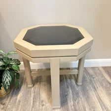 Vintage Painted Beige Wood Drexel Octagon Accent End Table Plant Stand Glass Top