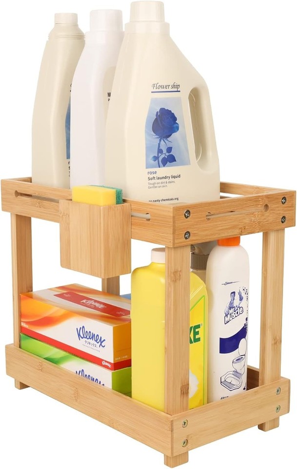 Nothing Burger 2 Tier Bamboo Under Sink Storage Kitchen Organizer & Hooks & Box