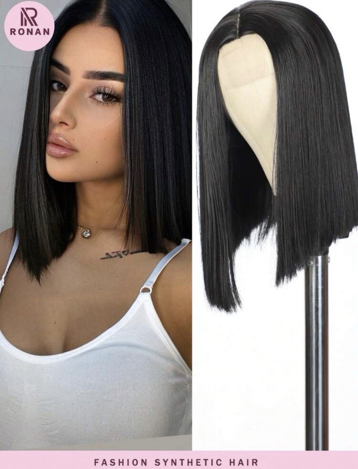 Perruque femme noire synthétique coupe courte raide de 35cm avec dentelle frontale et son filet