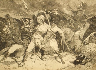 George Montbard signierte 200 Jahre alte Original Radierung; ''Taking the Gun'' 1800er