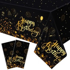 TURSTIN 2 Pack Happy Birthday Tablecloths Black Gold Plastic Table Cloth Rect...