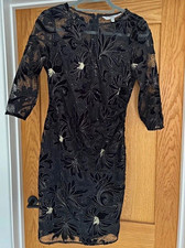 Coast Black Floral Sequin Mesh Sheath Dress 3/4 Sleeve Knee Length UK 10