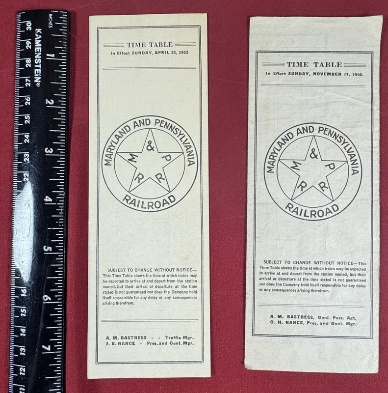 1940 & 1953 Maryland and Pennsylvania RR "Ma & Pa" Public Timetables