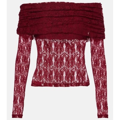 NWT ROTATE Ruby Red Lace Off Shoulder Ruched Neck Long Sleeve Top Medium / 6