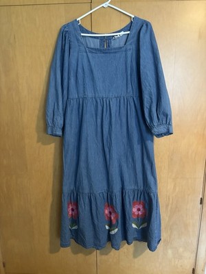 Joanie Brand Denim Midi/maxi Dress With Embroidered Flowers And Puff Sleeves