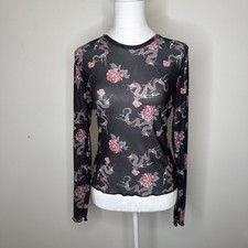 Y2K Dragon Floral Mesh Long Sleeve Top Fairy Grunge Tattoo Whimsigoth Sheer L