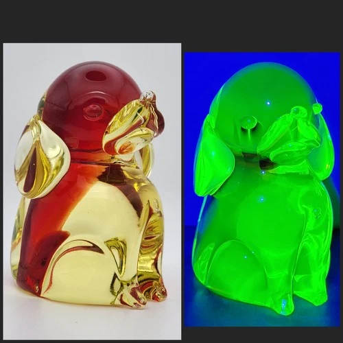 Murano Glass Red And Yellow Vaseline Uranium Glass Puppy Dog 4" Figurine