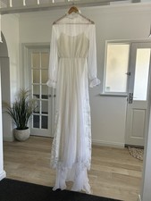 Vintage Unbranded 70s 80s White Chiffon Lace Wedding Dress Long Sleeve Train M