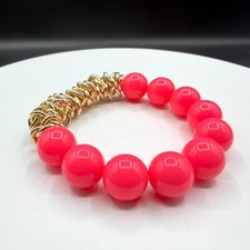 Hot Pink Beaded Gold Tone Chain Link Stretch Bracelet Chunky Statement Gift