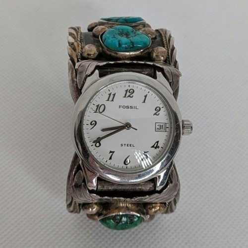 Large Men's Navajo Sterling Cuff Watch with Blue and Green Turquoise Vintage - Picture 2 of 11
