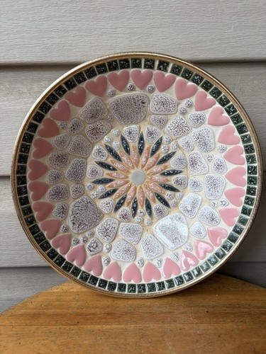 Vintage Mosaic Sunburst Hearts Shapes Goldtone Large Decorative Bowl 10" Pastels
