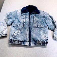 Vintage 90s Greg Bell Acid Wash Denim Jacket Men XL Rabbit Fur Lined Bomber Cozy